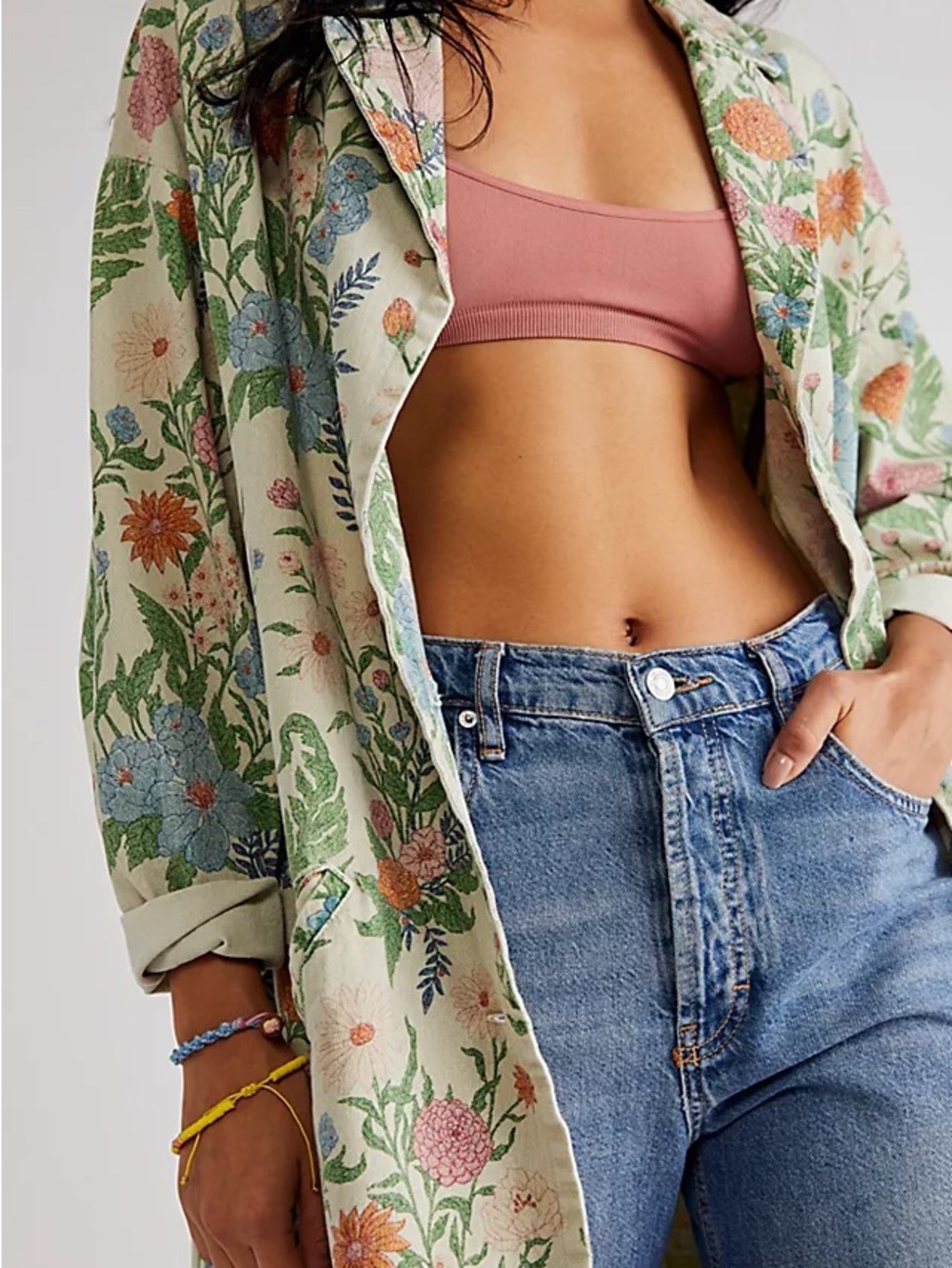 Wrangler X Free People Cream Floral Button-Up Jacket with Pink and Green Print - Picture 2 of 14